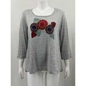 Energe Top Women XXL Gray Sunflower Patchwork Graphic 3/4 Sleeve Knit Artsy Boho